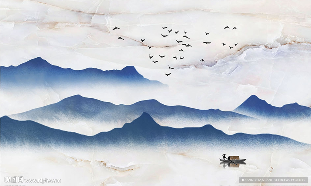 大理石蓝色山水飞鸟背景墙