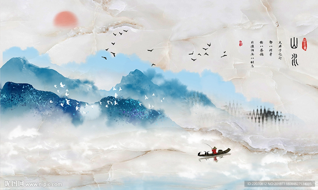 大理石蓝色山水飞鸟背景墙定制