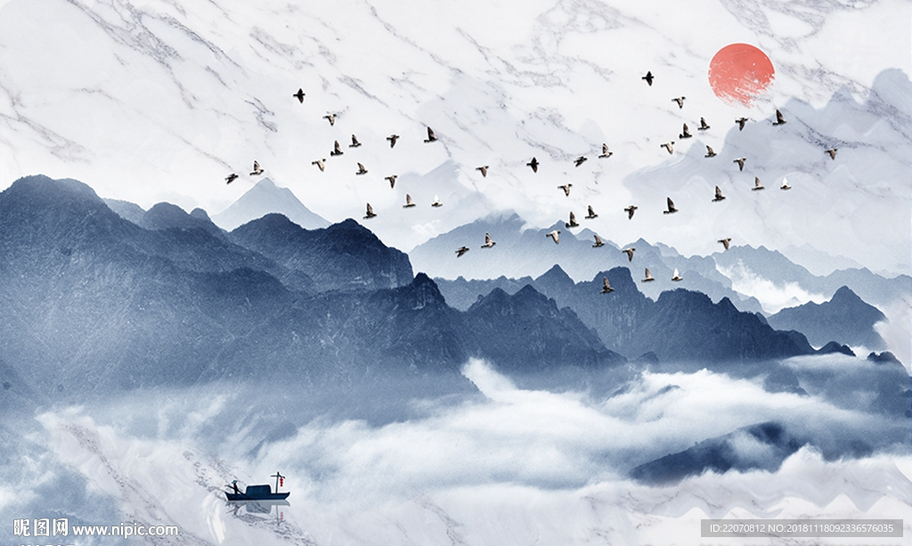 大理石纹理山水飞鸟背景墙