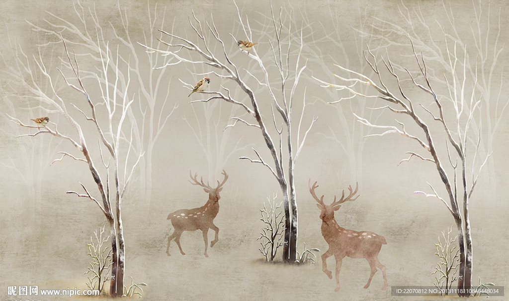 欧式复古树林麋鹿背景墙