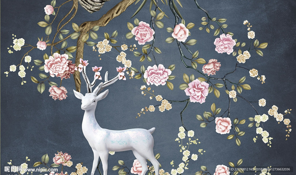 现代北欧彩绘玫瑰花丛麋鹿背景墙