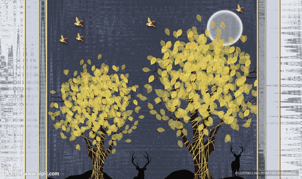 黄色树叶麋鹿金色鸟月亮背景墙