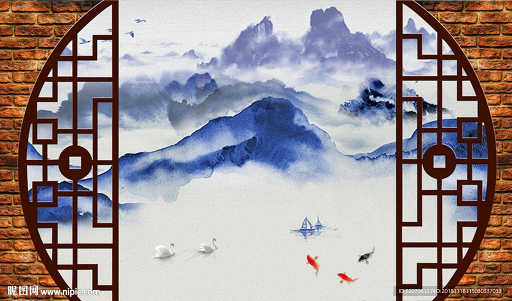 抽象意境水墨山鸟金鱼背景墙