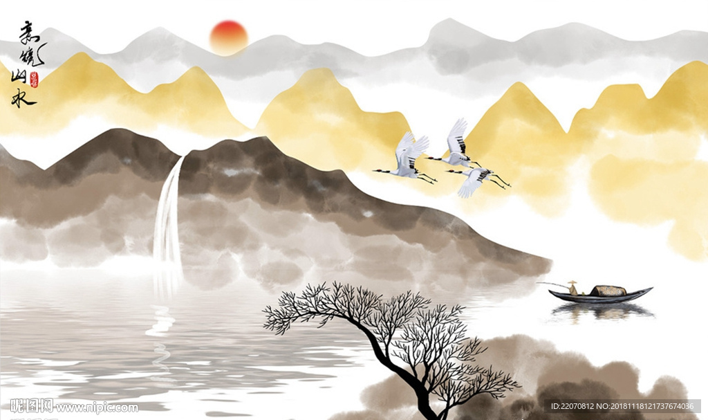 中式意境抽象山水画背景墙