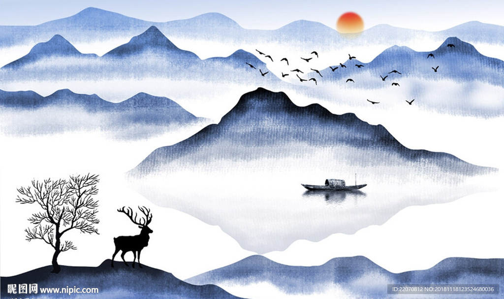 中式水墨鹿抽象山水画背景墙