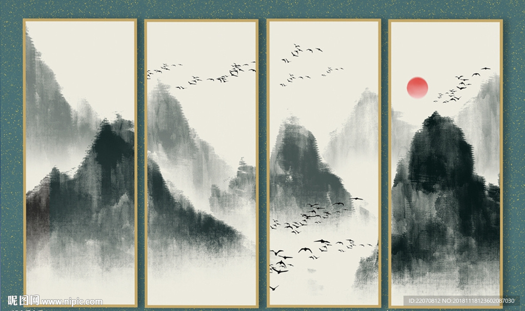 中式水墨山水画水墨背景墙