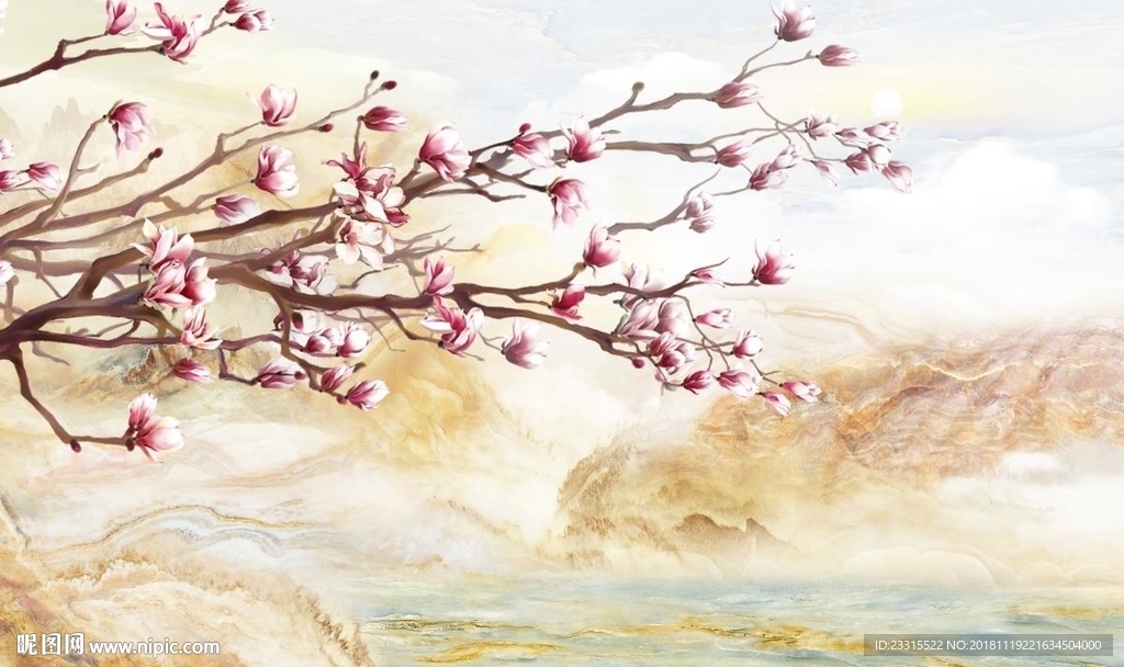 海纳百川花朵大理石背景墙