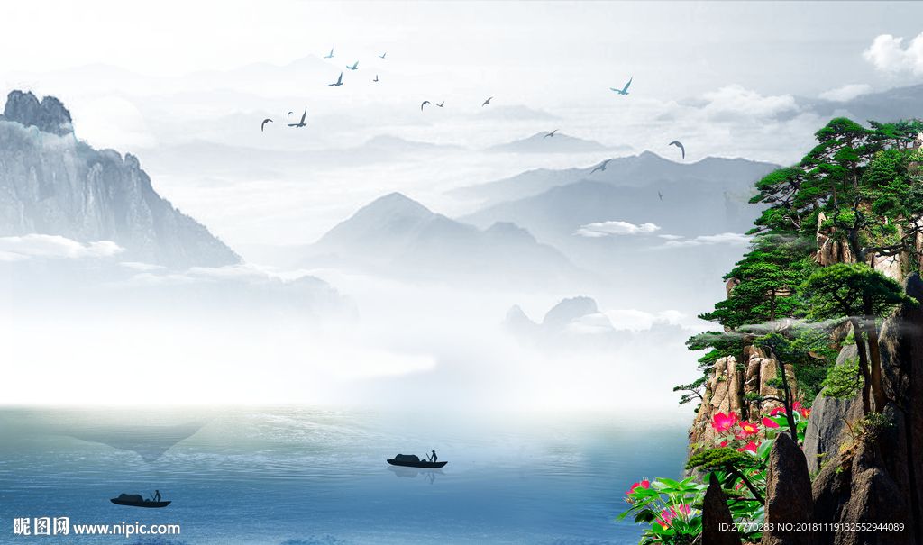 新中式水墨山水迎客松背景墙