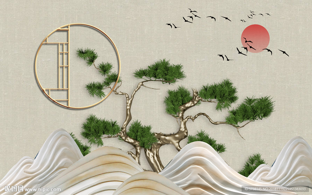中式窗景玄关屏风背景底纹素材创