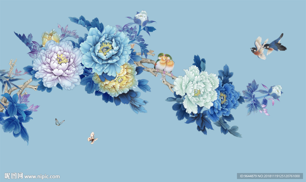 新中式牡丹花鸟壁画
