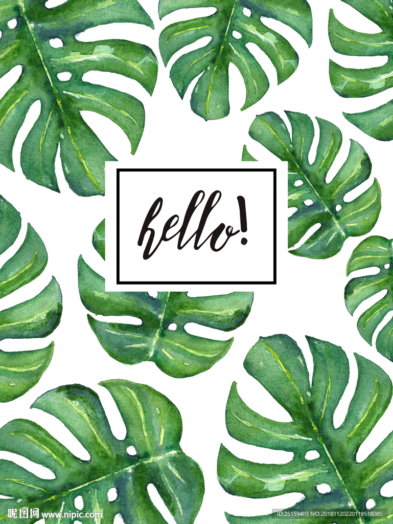 北欧hello手绘热带树叶背景