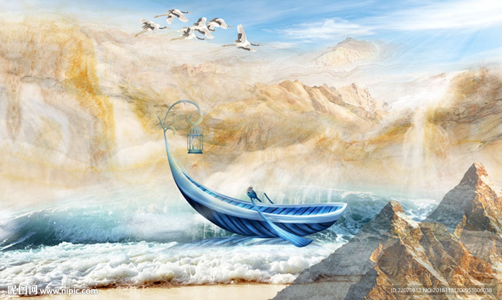 创意小船山水背景墙