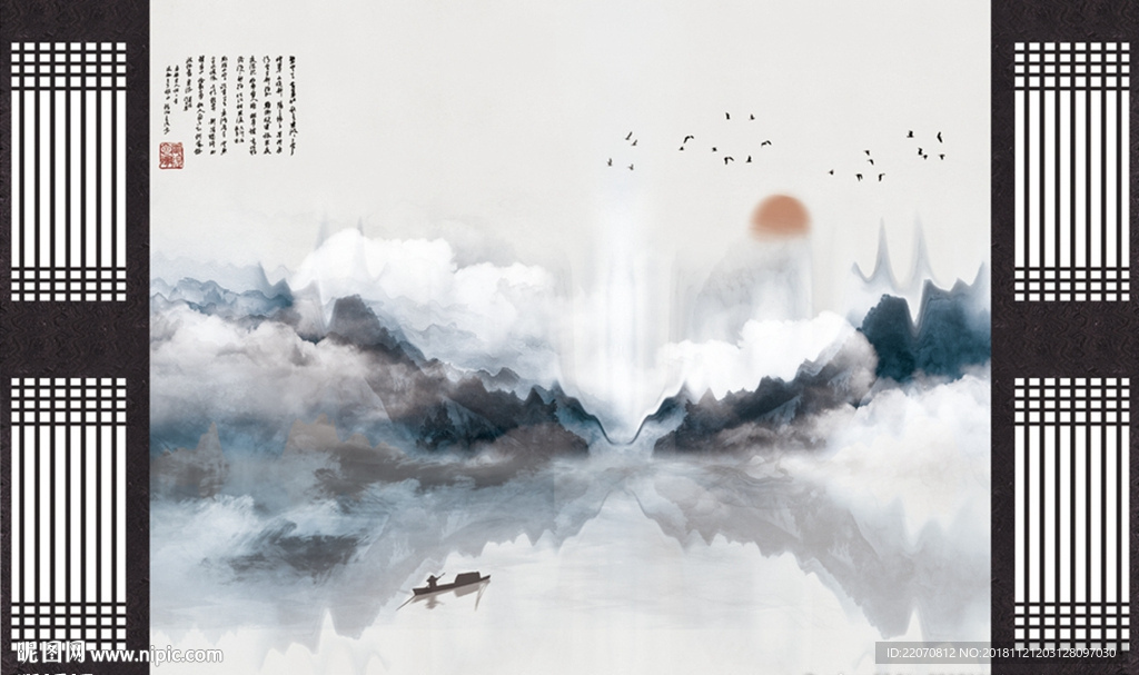 意境禅意水墨山水背景墙