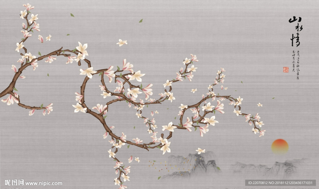 手绘石头竹叶玉兰花鸟背景墙