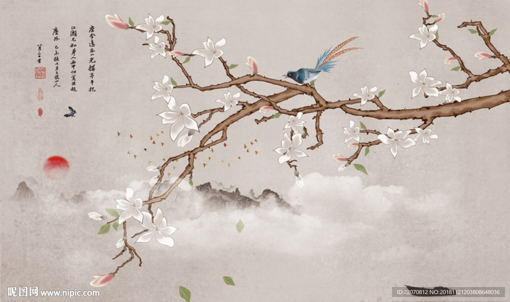 中式手绘工笔花鸟玉兰花背景墙