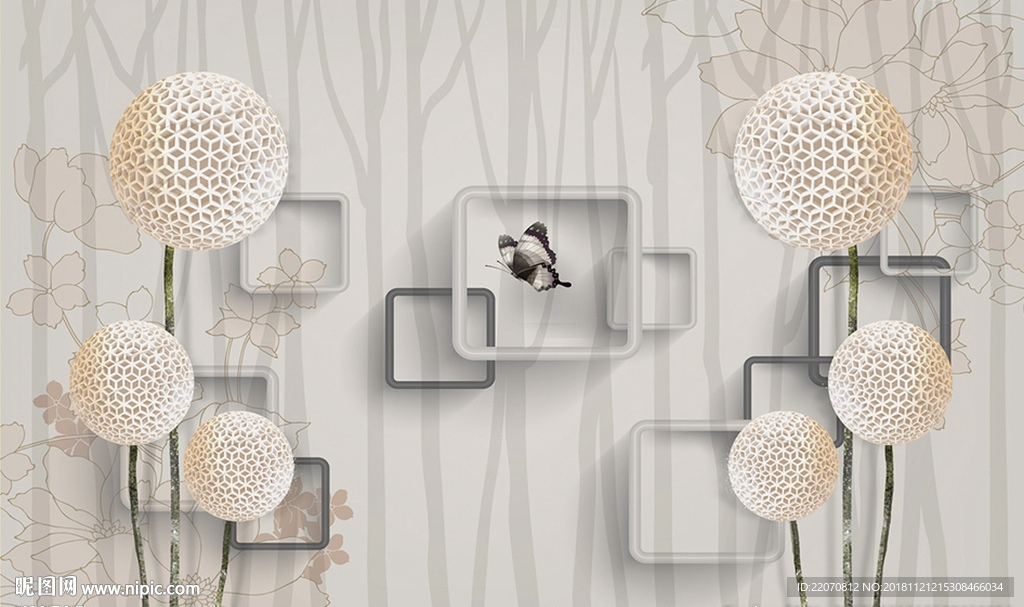 时尚花球形状蝴蝶背景墙