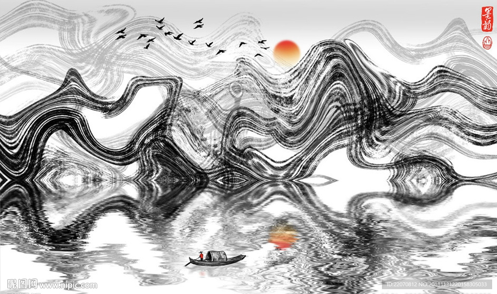 新中式抽象线条山水画背景墙
