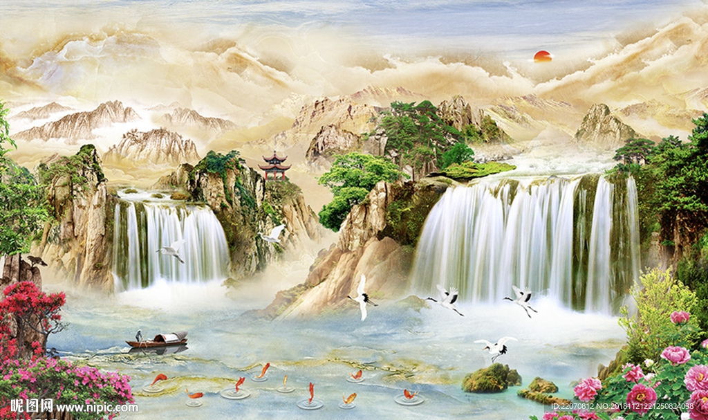 新中式山水花草风景背景墙