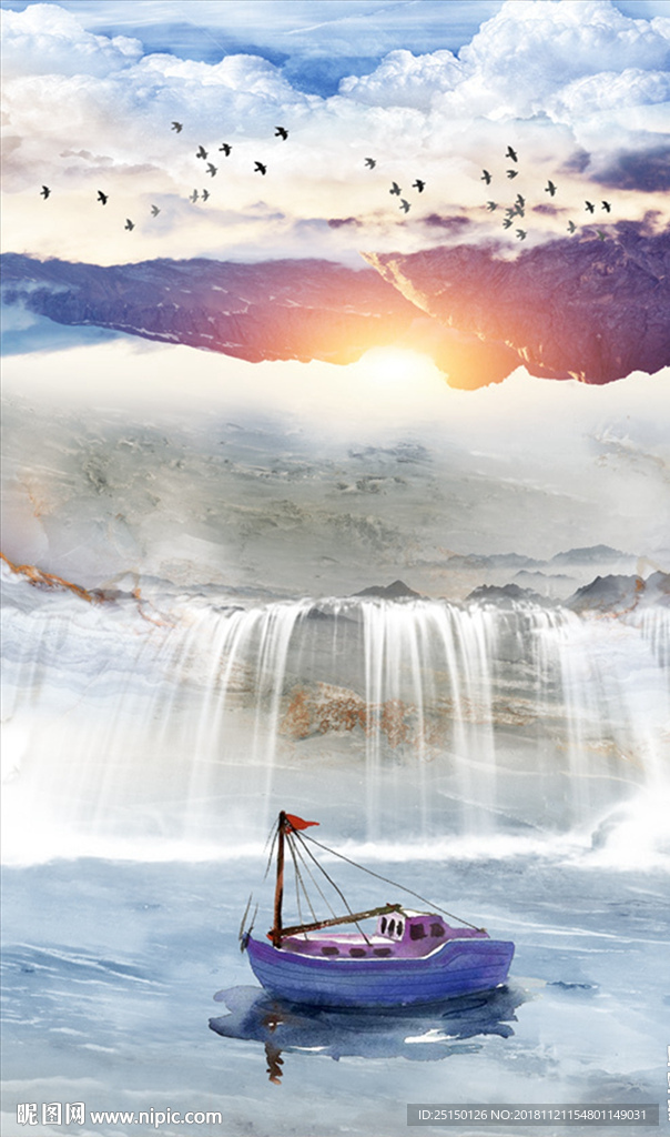 唯美山水画小船飞鸟装饰画