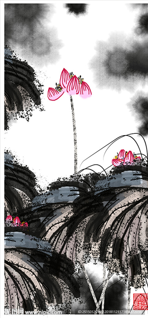 水墨植物荷花风景装饰画