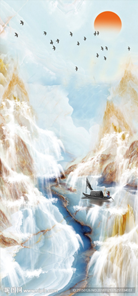 唯美大理石山水画飞鸟小船装饰画