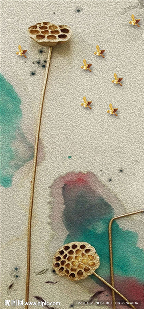 水彩金色莲藕鸟油画装饰画