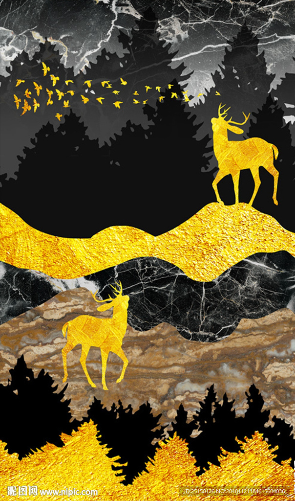 北欧金色麋鹿森林风景装饰画