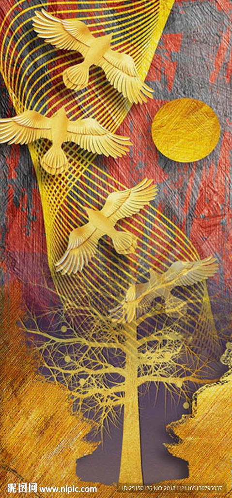 中式金色飞鸟意境抽象装饰画