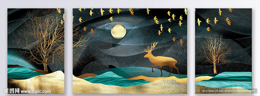 抽象意境山水丛林麋鹿装饰画