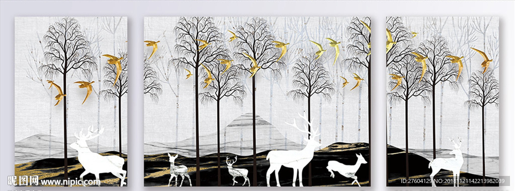 山水简约丛林麋鹿装饰画