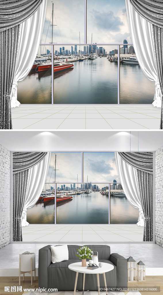 3D立体阳台窗户城市沙发背景墙