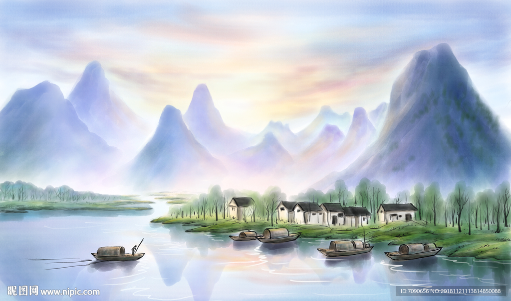 中式古典湖景远山水画