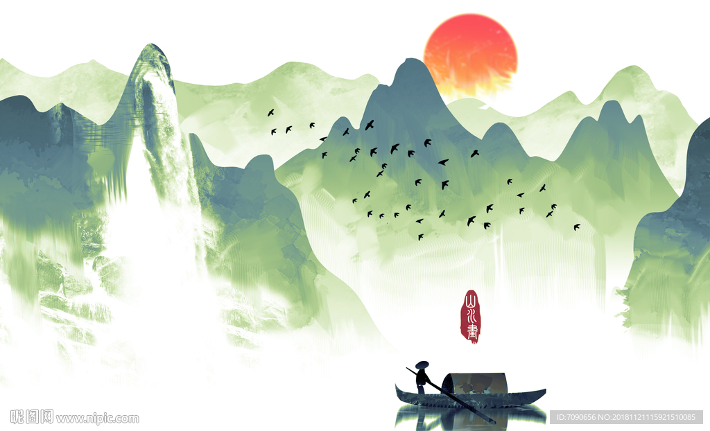中式古典湖景远山水画