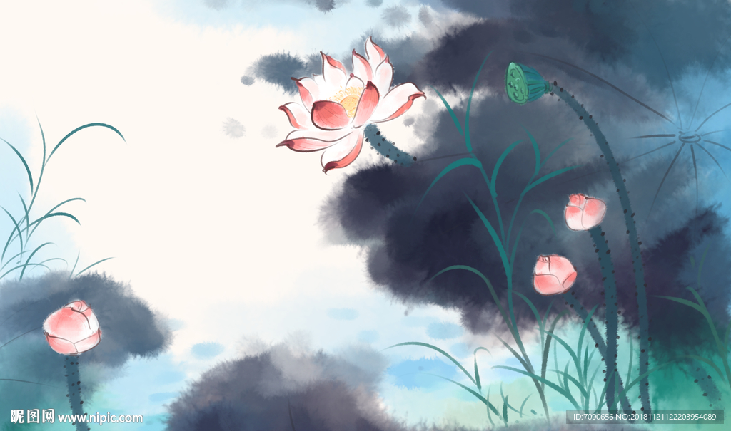 中式古典湖景远山水画