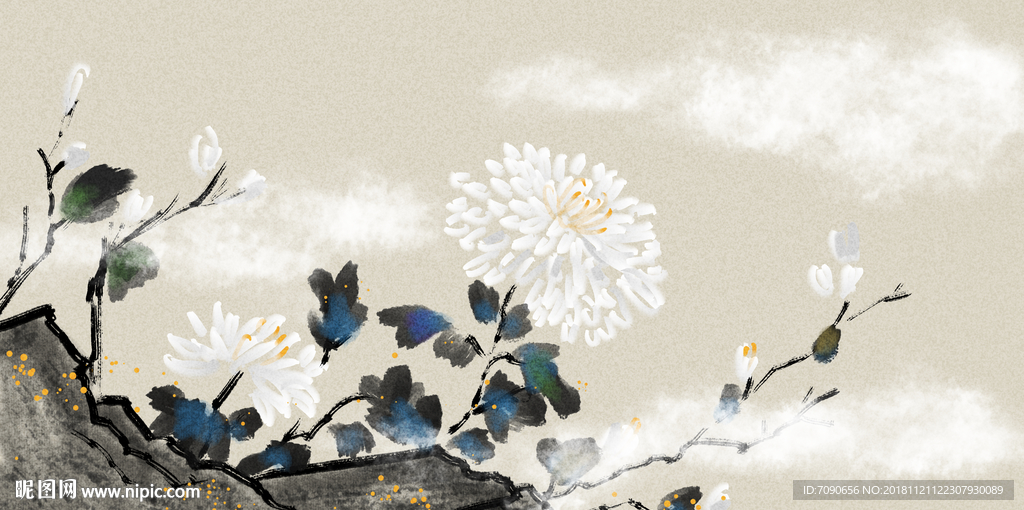 中式古典湖景远山水画