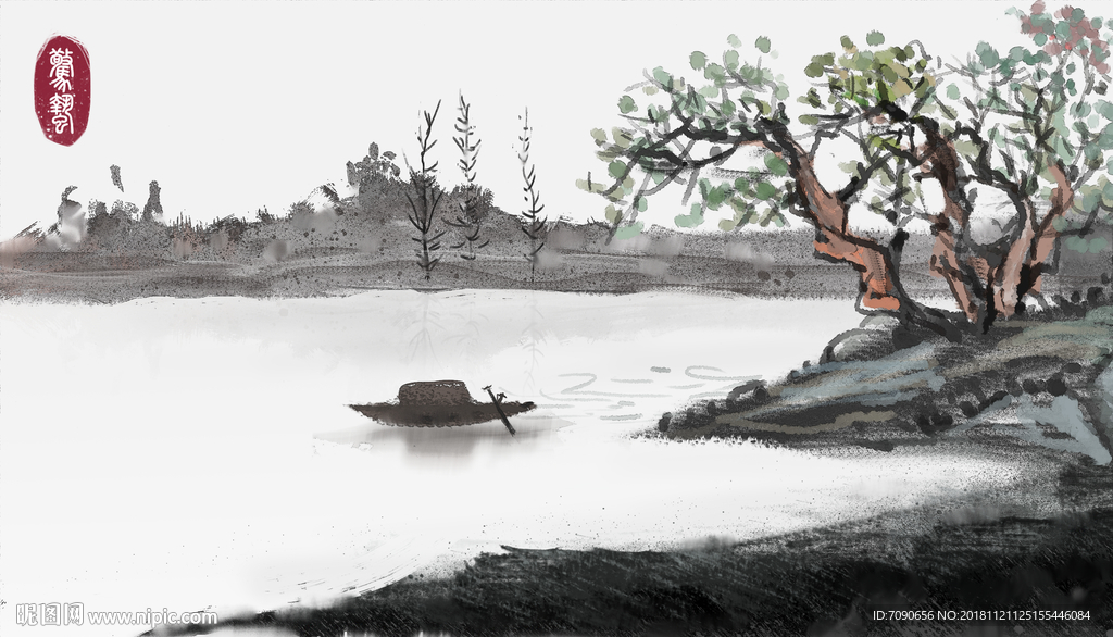 中式古典湖景远山水画