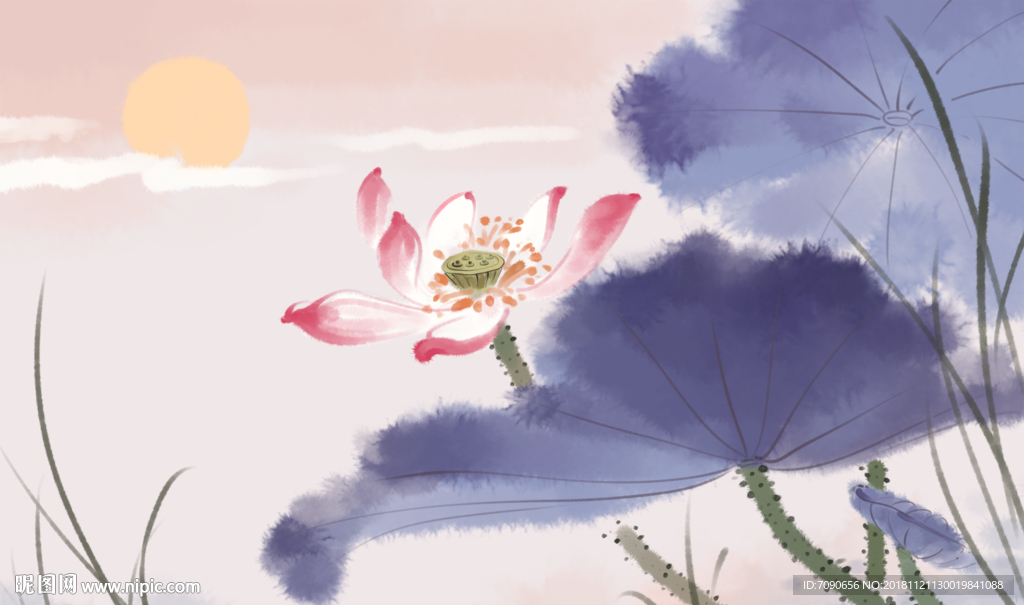 中式古典湖景远山水画