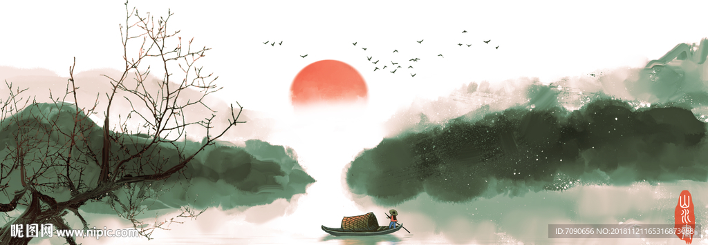 中式古典湖景远山水画