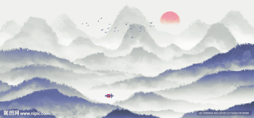 中式古典湖景远山水画