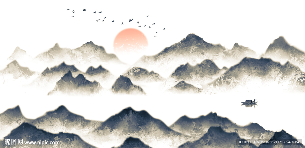 中式古典湖景远山水画