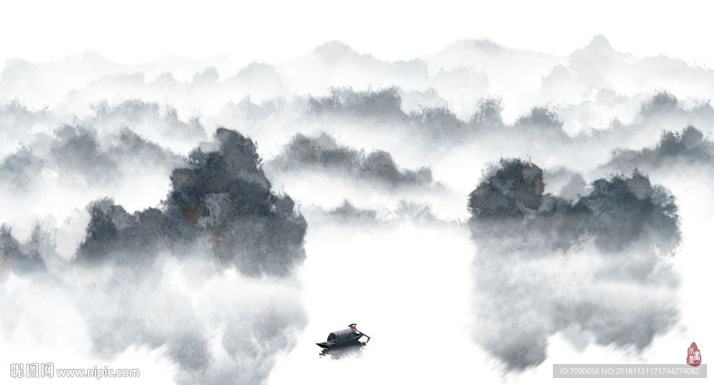 中式古典湖景远山水画