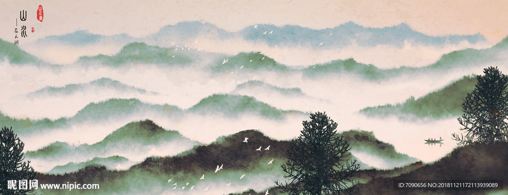 中式古典湖景远山水画