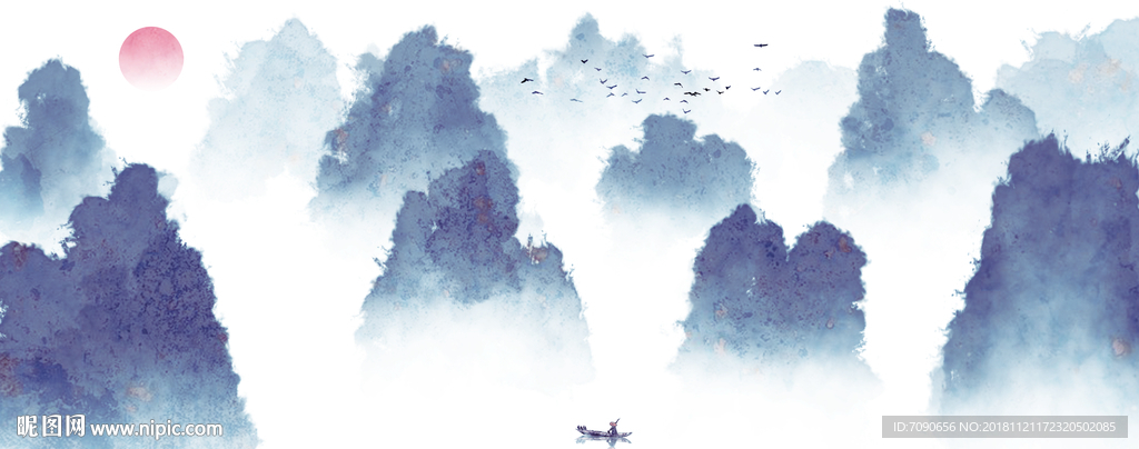 中式古典湖景远山水画