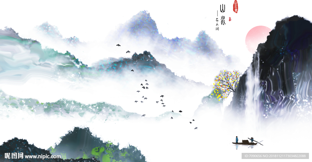 中式古典湖景远山水画