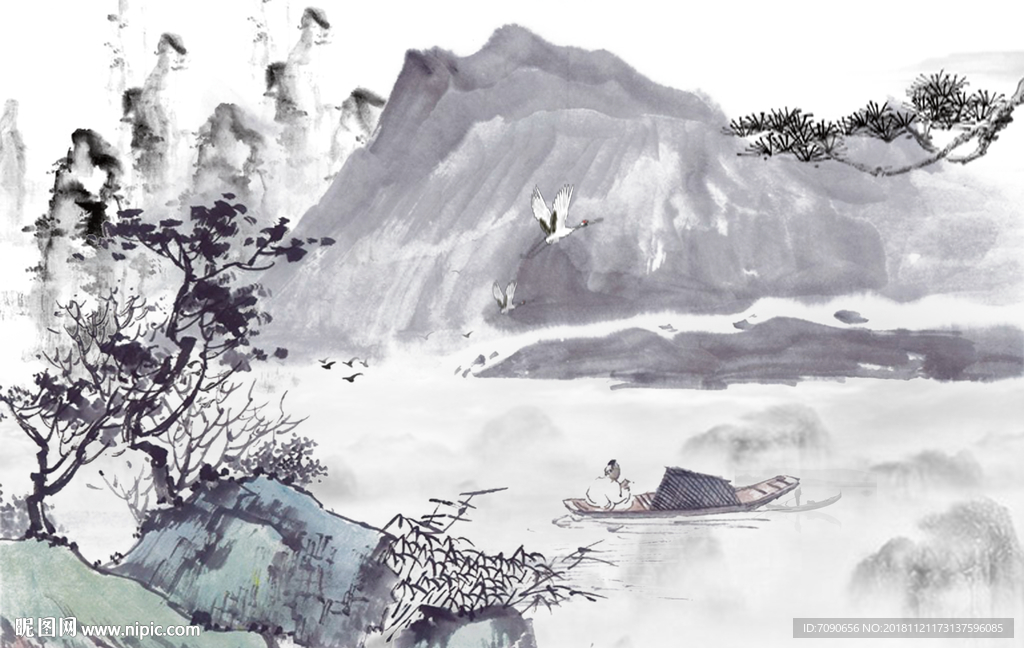 中式古典湖景远山水画