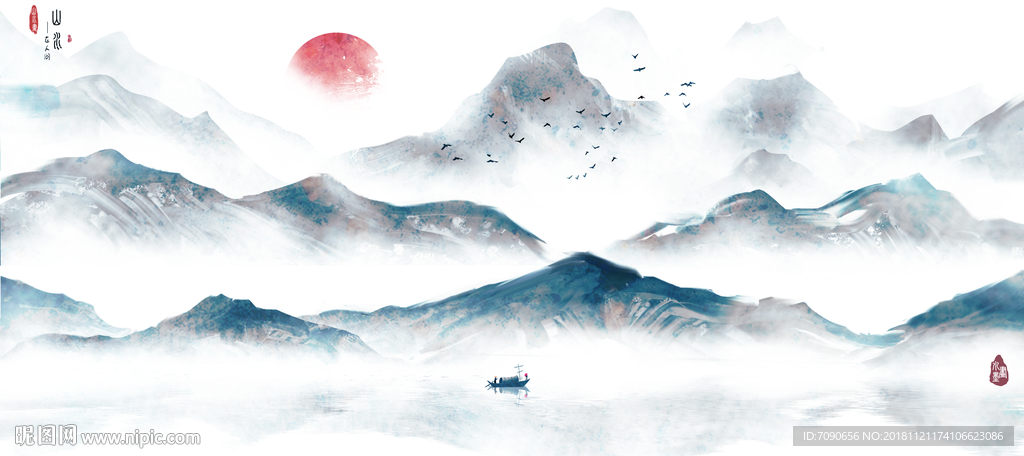 中式古典湖景远山水画