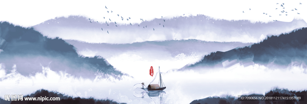 中式古典湖景远山水画