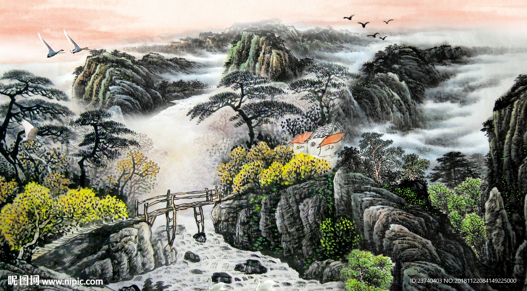 大型壁画 国画山水背景墙