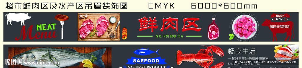 超市水产区及鲜肉区吊眉看板设计