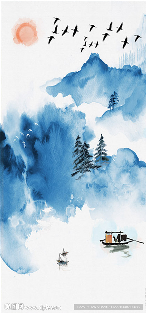 中式抽象蓝色水墨山水装饰画